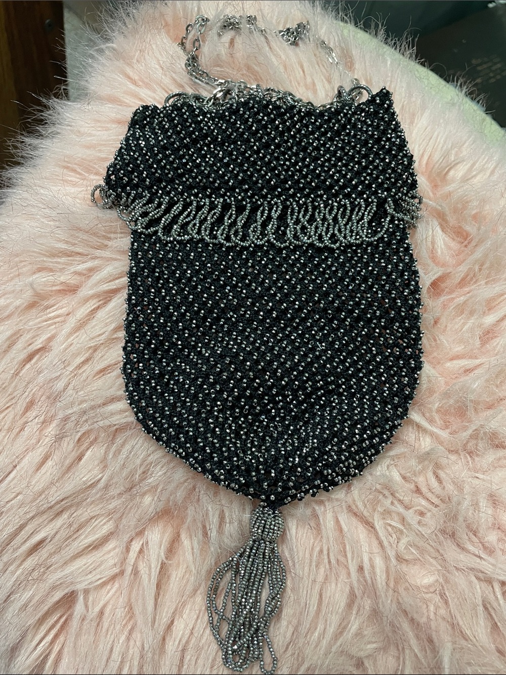 Vintage 20s flapper Black crochet silver Beaded tassel accent chain strap Bag